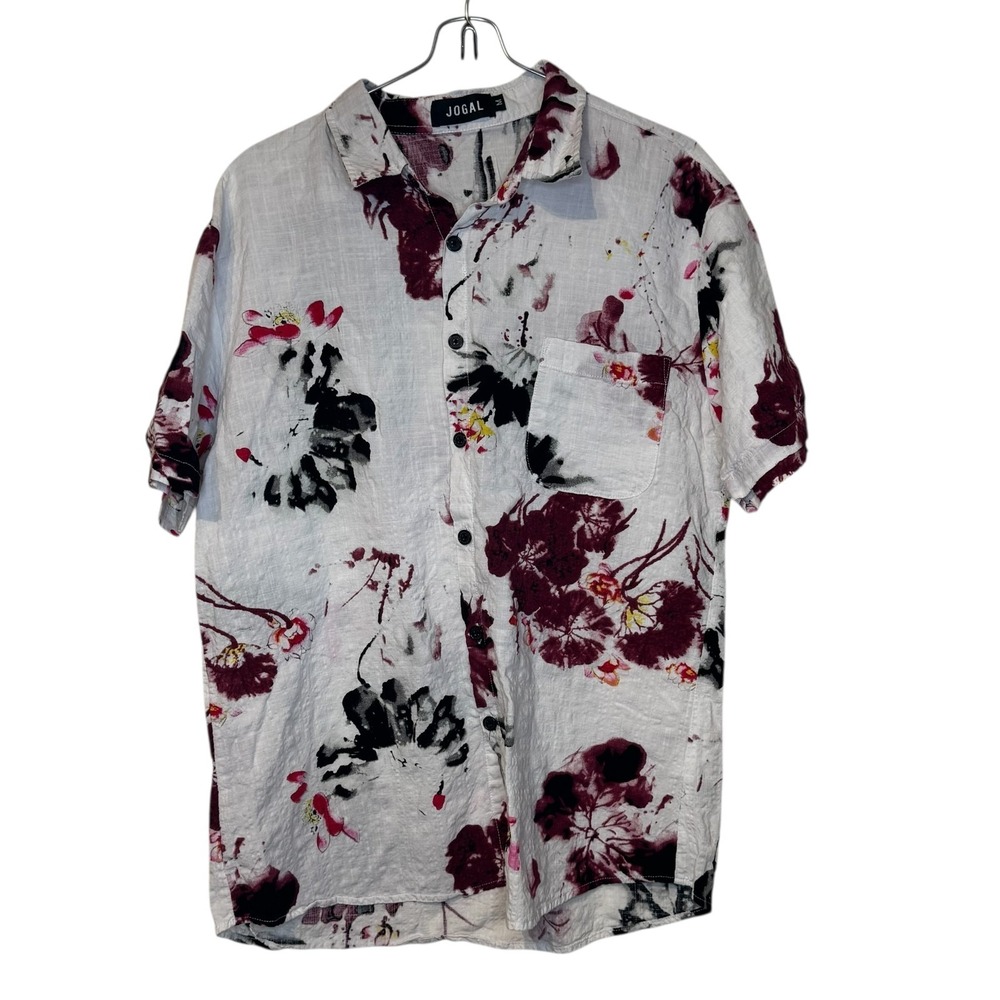 Jogal Men's Shirt Short Sleeve Hawaiian Button Up Floral Print White Medium